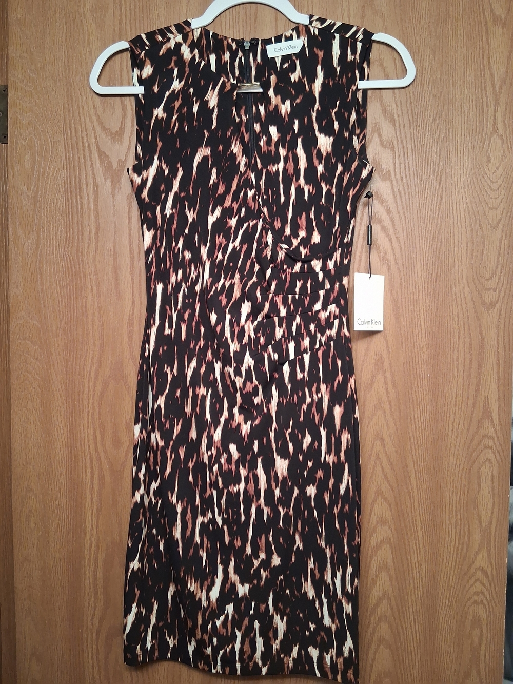 Calvin Klein Black, Brown and Cream Printed Sleeveless Sheath Dress
